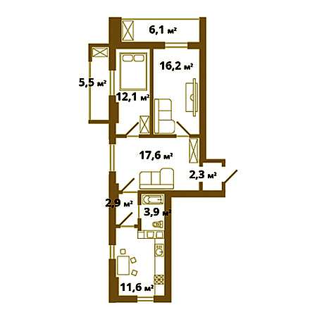 3 комнатная 71.4м²