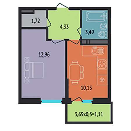 1 комнатная 33.74м²