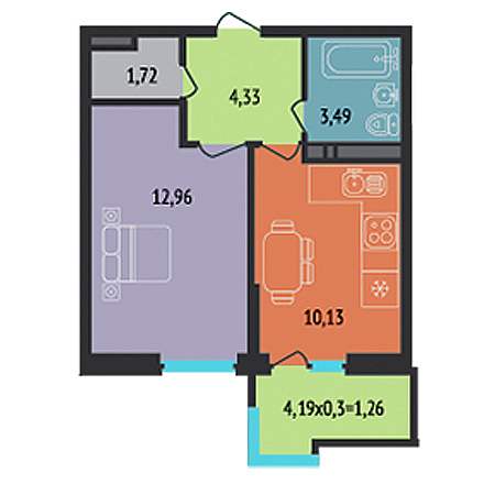 1 комнатная 33.89м²