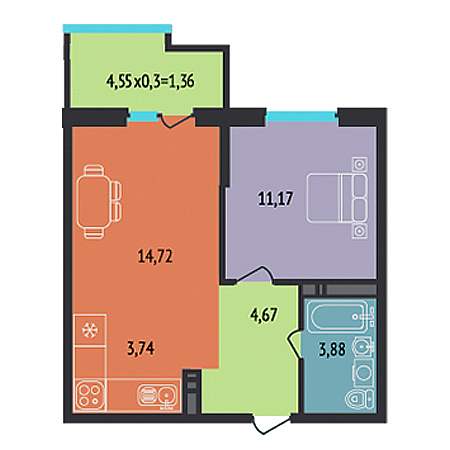 1 комнатная 39.54м²