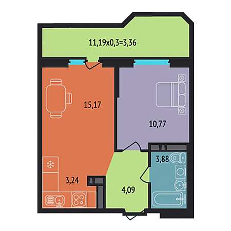 1 комнатная 40.51м²