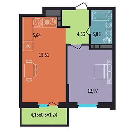 1 комнатная 41.87м²