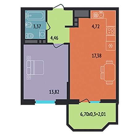 1 комнатная 45.76м²