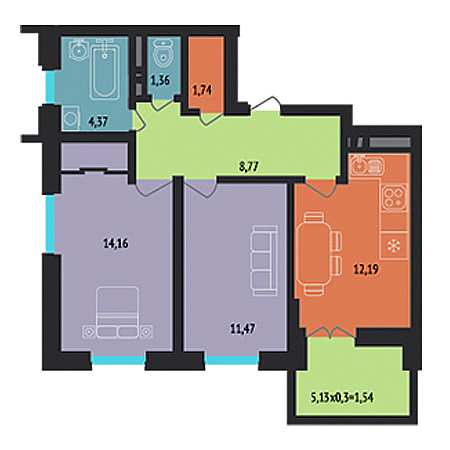 2 комнатная 56.6м²