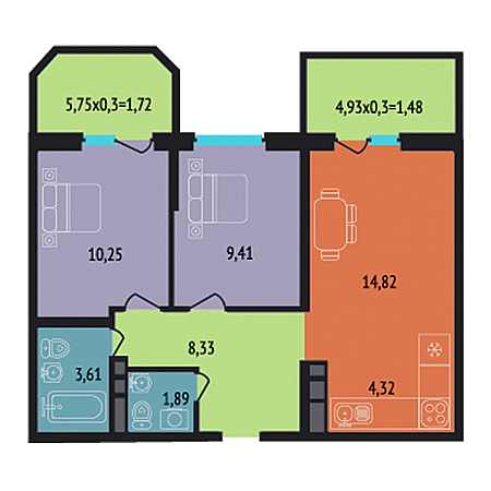 2 комнатная 55.83м²