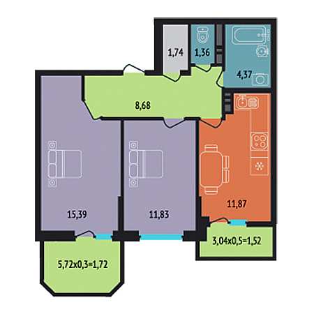 2 комнатная 58.48м²