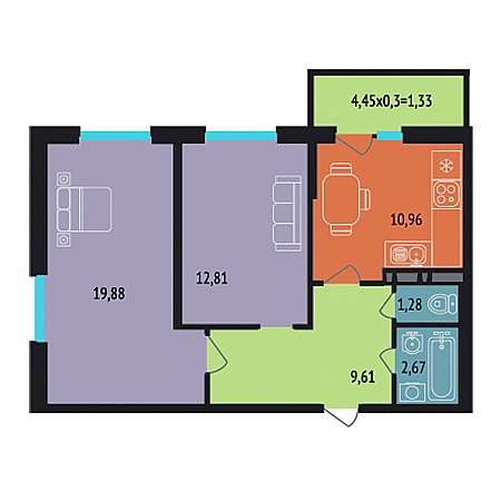 2 комнатная 58.54м²