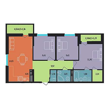 3 комнатная 73.3м²