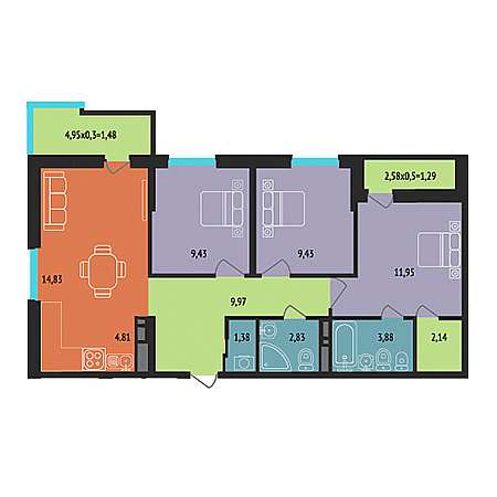 3 комнатная 73.42м²