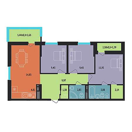 3 комнатная 73.57м²