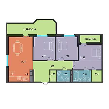 3 комнатная 75.34м²