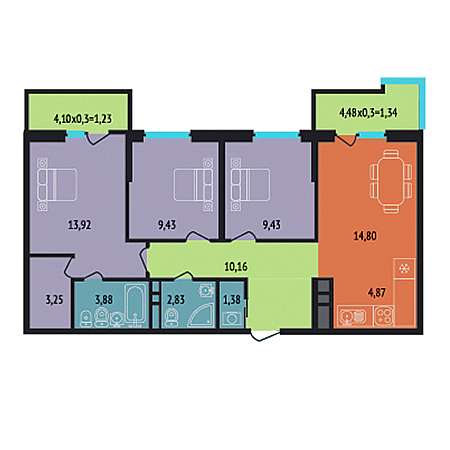 3 комнатная 76.52м²