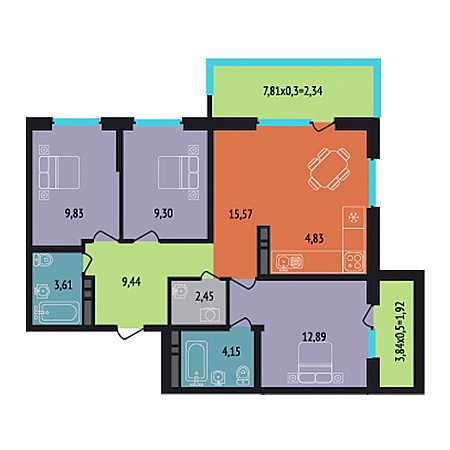 3 комнатная 76.66м²