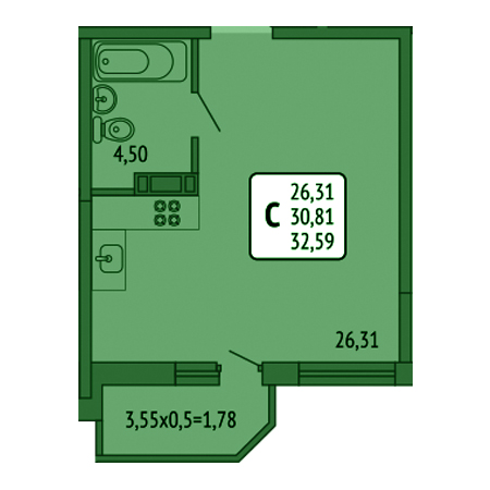 Студия 32.59м²