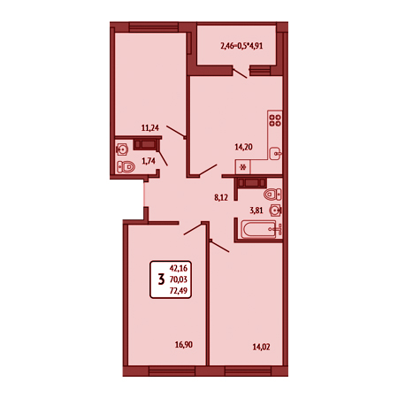 3 комнатная 72.49м²