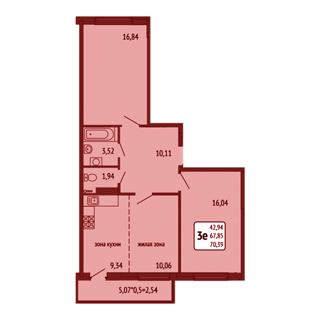 2 комнатная 70.39м²