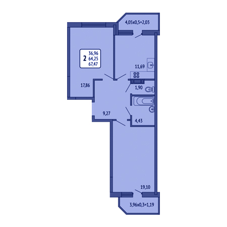 2 комнатная 67.47м²