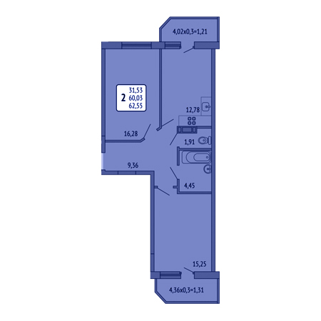 2 комнатная 62.55м²