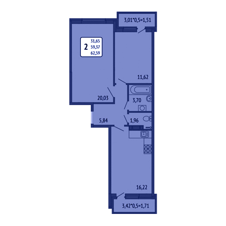 2 комнатная 62.59м²