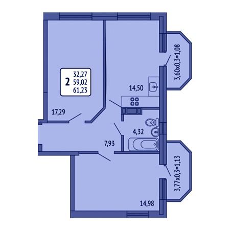 2 комнатная 61.23м²