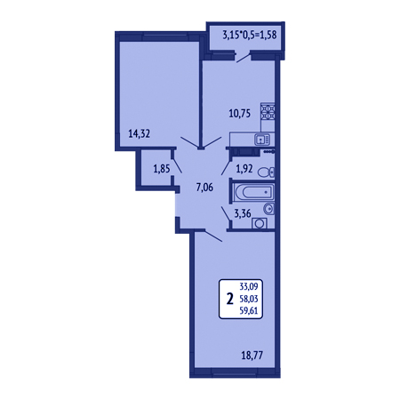 2 комнатная 59.61м²