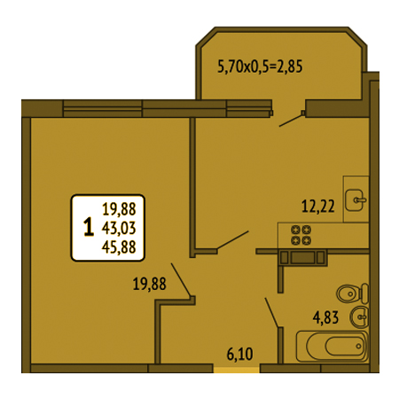 1 комнатная 45.88м²