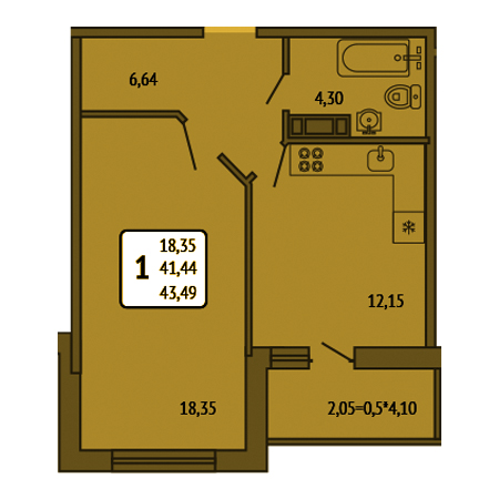 1 комнатная 43.49м²