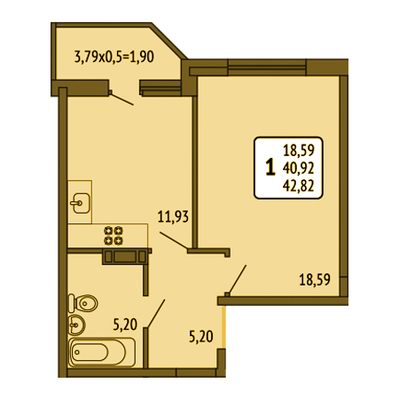 1 комнатная 42.82м²