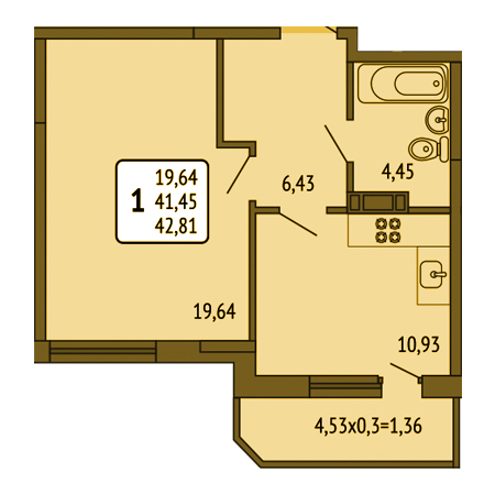 1 комнатная 42.81м²