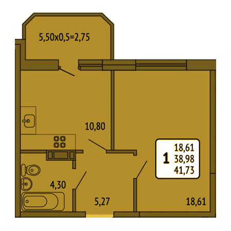 1 комнатная 41.73м²