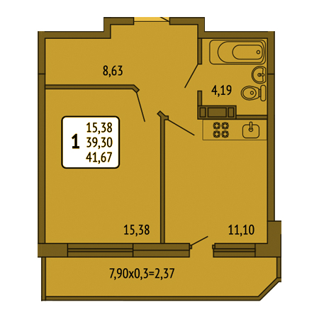 1 комнатная 41.67м²