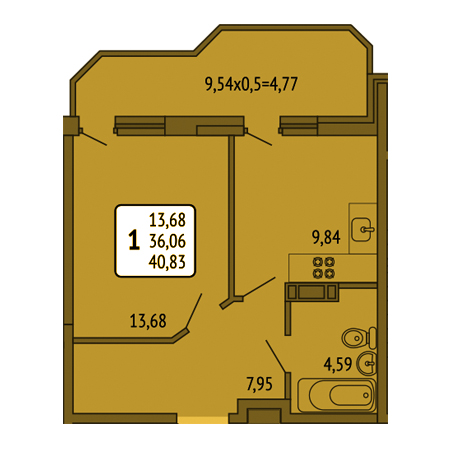 1 комнатная 40.83м²