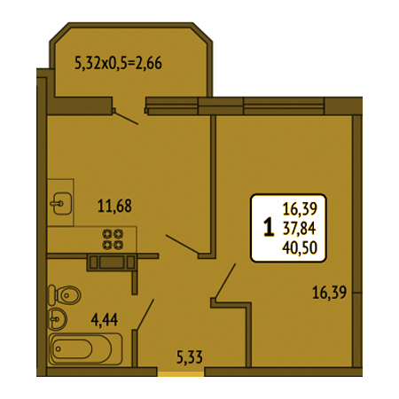 1 комнатная 40.5м²