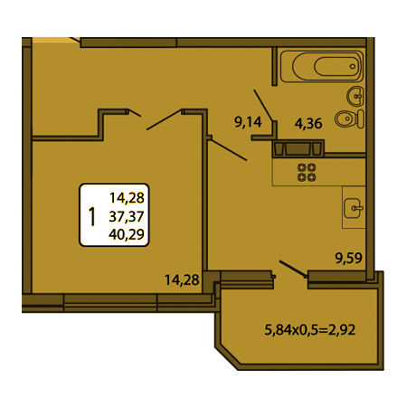 1 комнатная 40.29м²