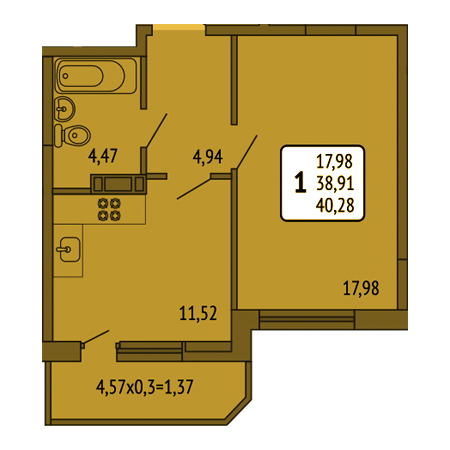 1 комнатная 40.28м²