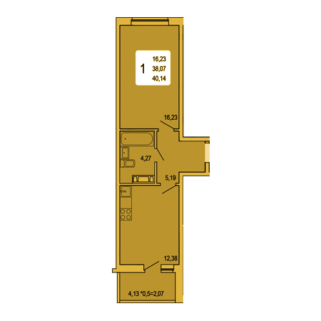 1 комнатная 40.14м²