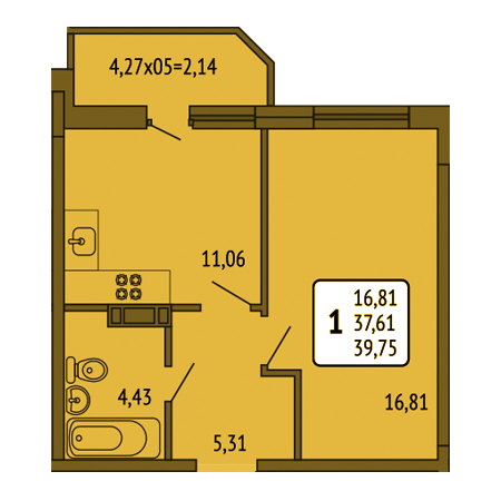 1 комнатная 39.75м²