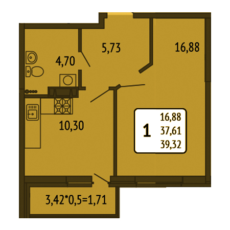 1 комнатная 39.32м²