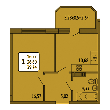 1 комнатная 39.24м²