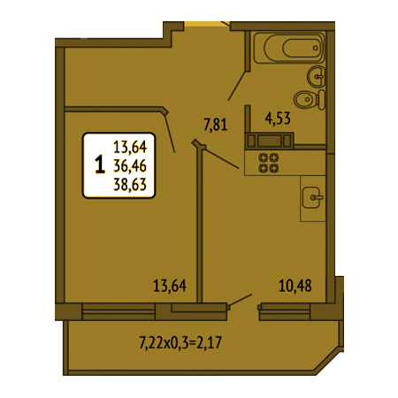 1 комнатная 38.63м²