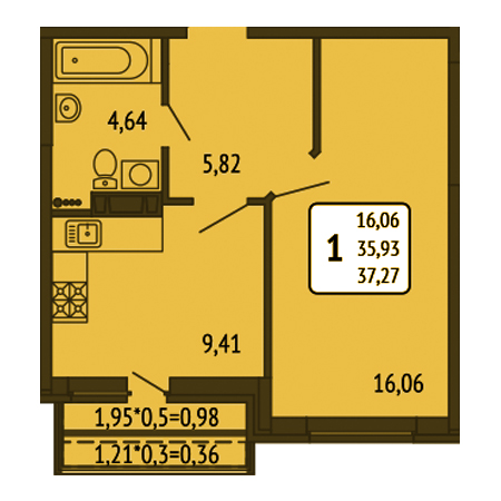 1 комнатная 37.27м²