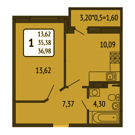 1 комнатная 36.98м²