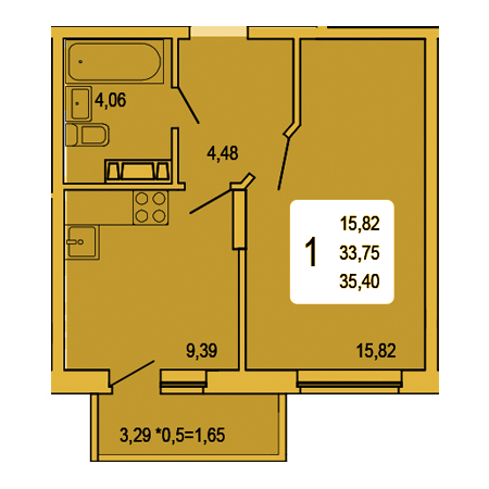 1 комнатная 35.4м²