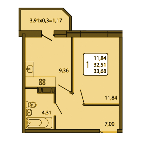 1 комнатная 33.68м²