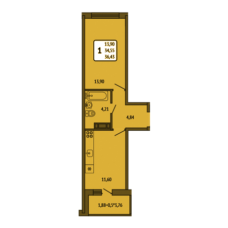 1 комнатная 36.43м²