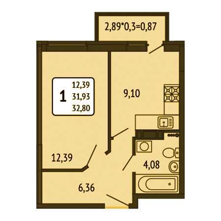 1 комнатная 32.8м²