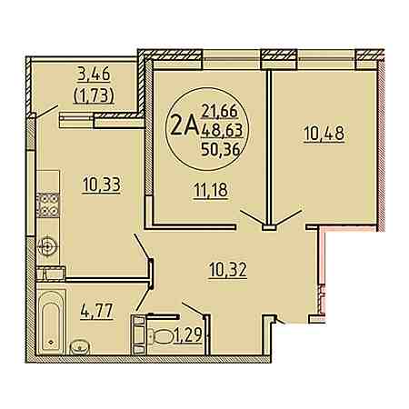 2 комнатная 50.36м²