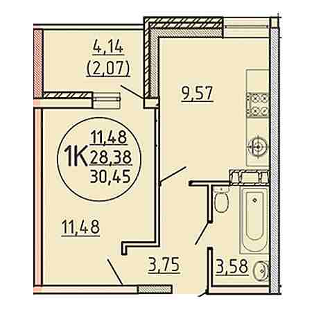 1 комнатная 30.45м²