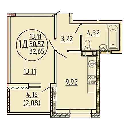 1 комнатная 32.65м²