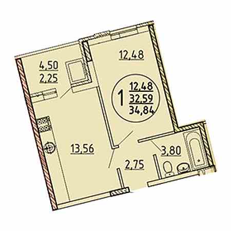 1 комнатная 32.84м²